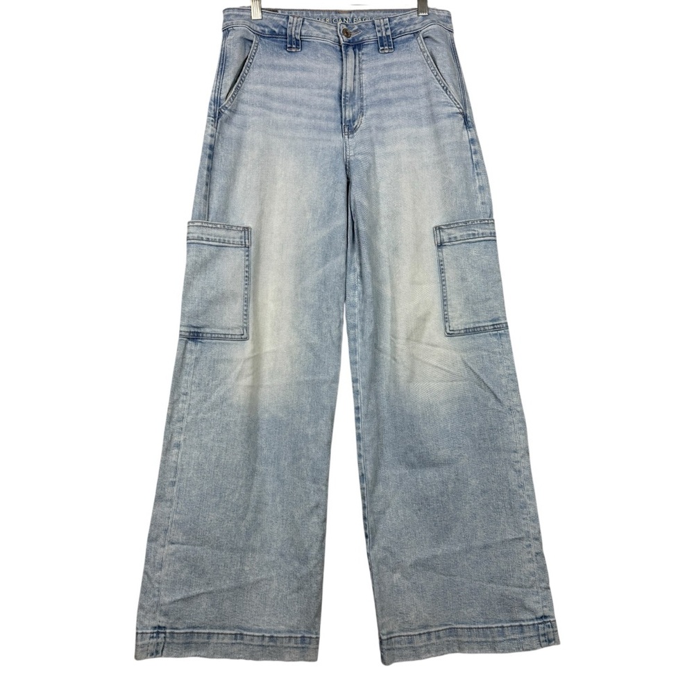 American Eagle Dreamy Drape Stretch Super High-Waisted Cargo Baggy Wide-Leg Jean - Picture 2 of 9